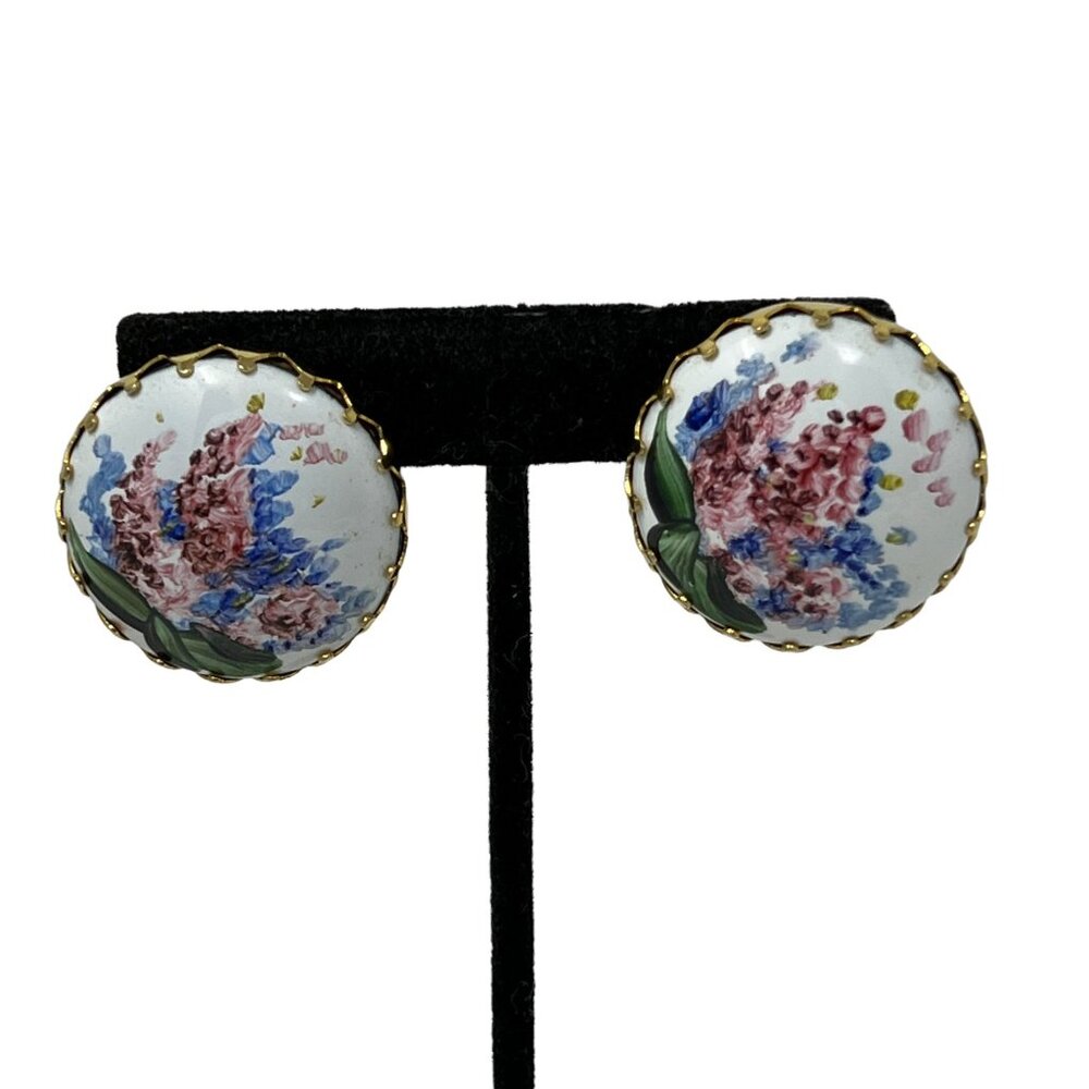 Vintage Flower Clip On Earrings Gold Tone Pink Purple Hydrangea Pin